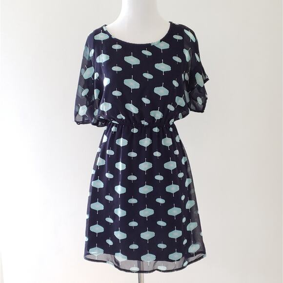 Francesca's Parasol Print Blouson Dress Elastic Waist Navy Small - Picture 1 of 7